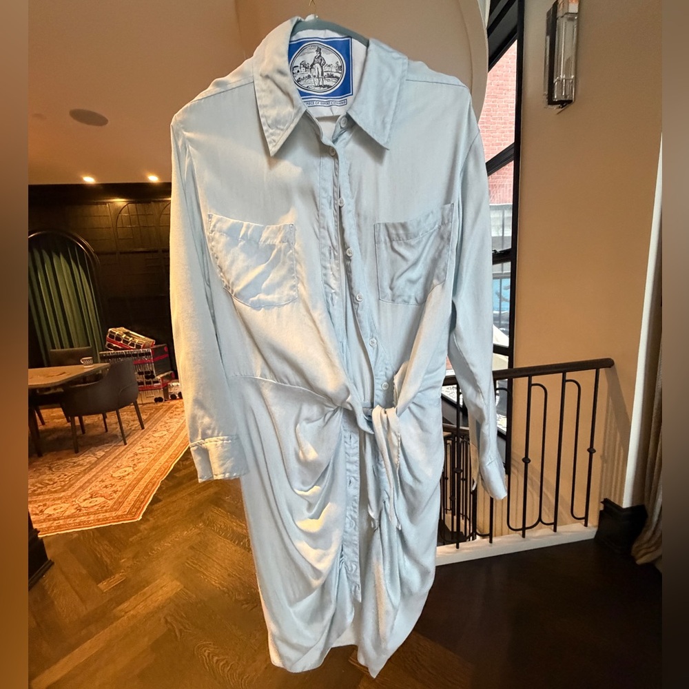 Light Blue Button-Up Dress with Tie Waist and Ruched Lower Seam - Veronica Beard